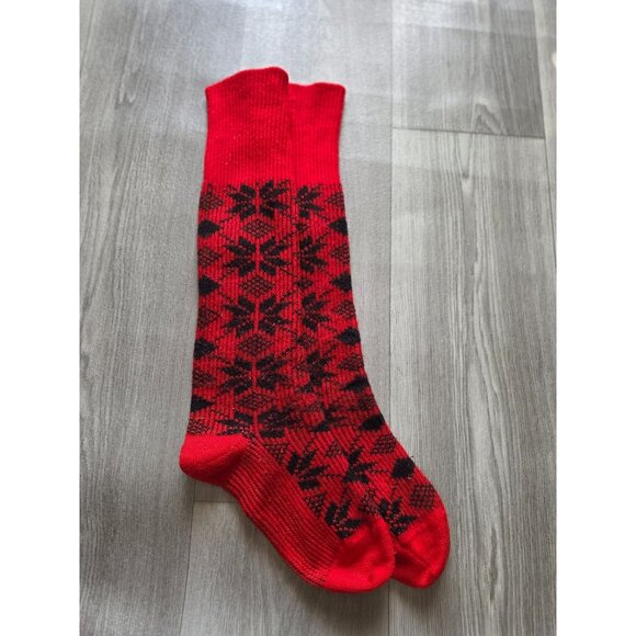 Red & Black Wool Knee High Socks With Nordic Pattern L - Picture 1 of 6